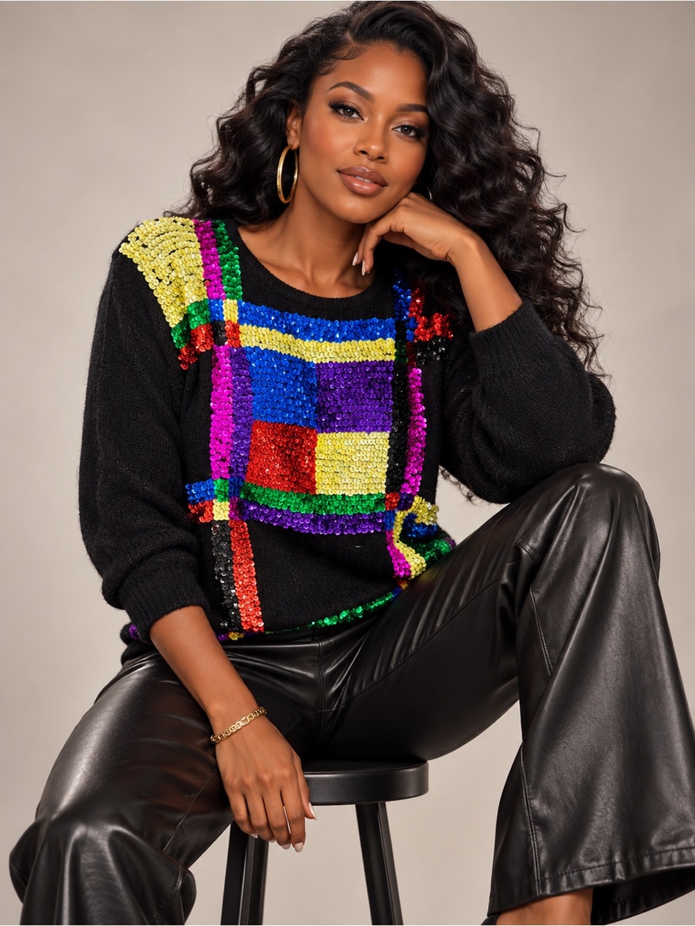 VTG Forenza Silk Angora Blend Sequined Colorblock Sweater Black Medium 80s